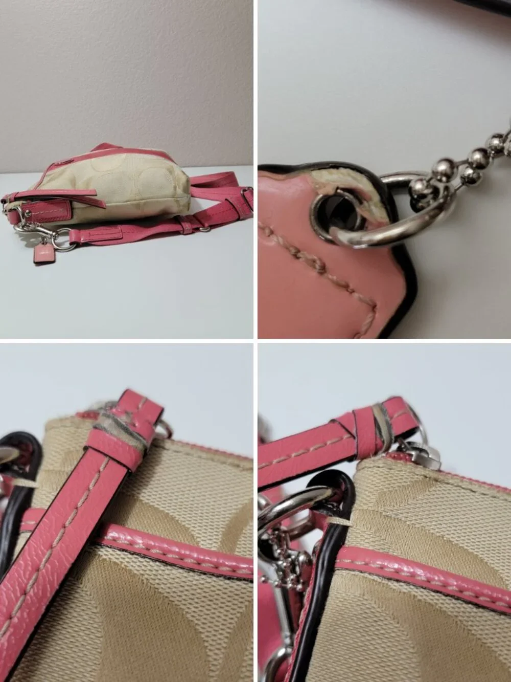 Coach Signature Stripe Swingpack Khaki Pink Crossbody Bag Lightweight Adjustable